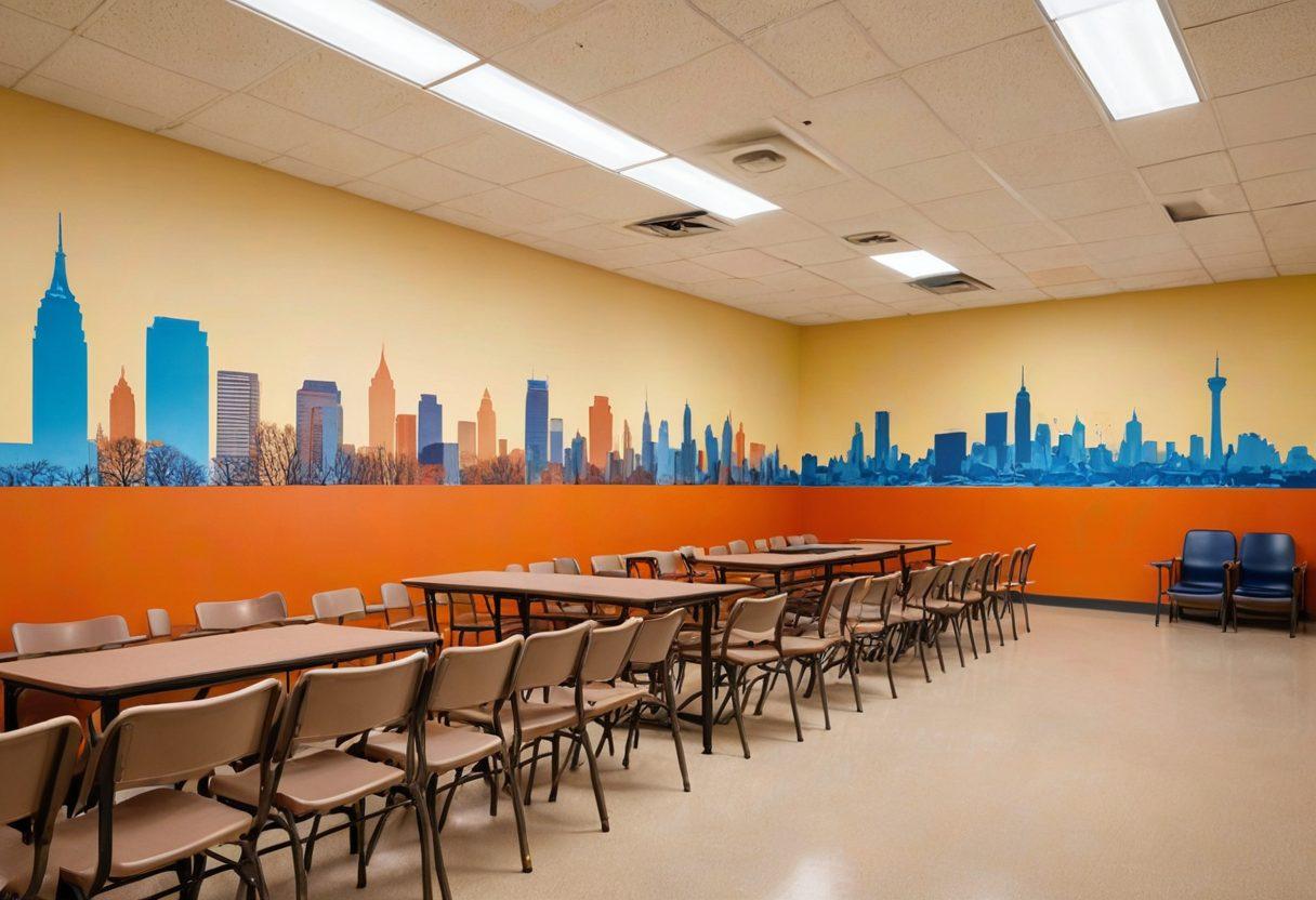 A serene scene of New Jersey's iconic skyline merging into the interior of a supportive community center within a prison. Illustrate diverse inmates engaged in various rehabilitation programs like education, counseling, and recreational activities. Emphasize hope and transformation with warm, inviting colors. super-realistic. vibrant colors.