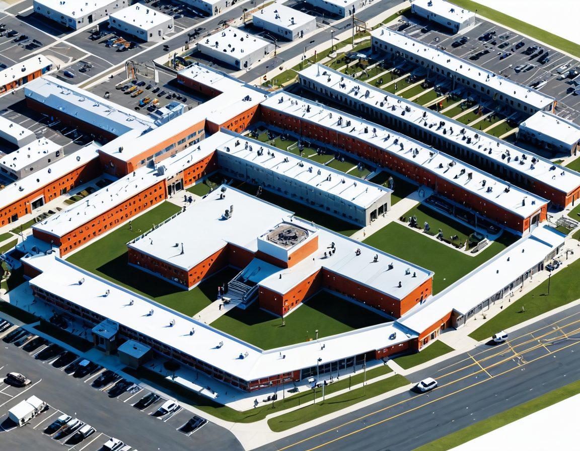 A futuristic, clean, and detailed bird's-eye view of a modern New Jersey prison facility, showcasing organized inmate services, educational classes, and rehabilitation programs. Infuse vibrant, hopeful colors to depict positive change and progress. Include smiling inmates participating in various activities, staff assisting and interacting supportively. super-realistic. vibrant colors. white background.