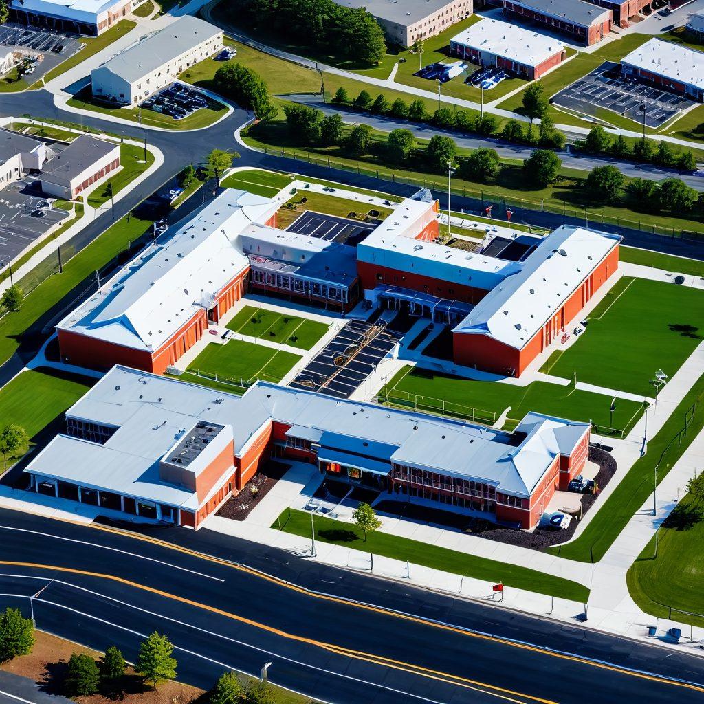 An aerial view of a New Jersey correctional facility, detailed fences and guard towers, with a contrasting section showcasing reform programs like vocational training and rehabilitation workshops. Blend of administrative building architecture and human-centered activities. super-realistic. vibrant colors. high contrast.